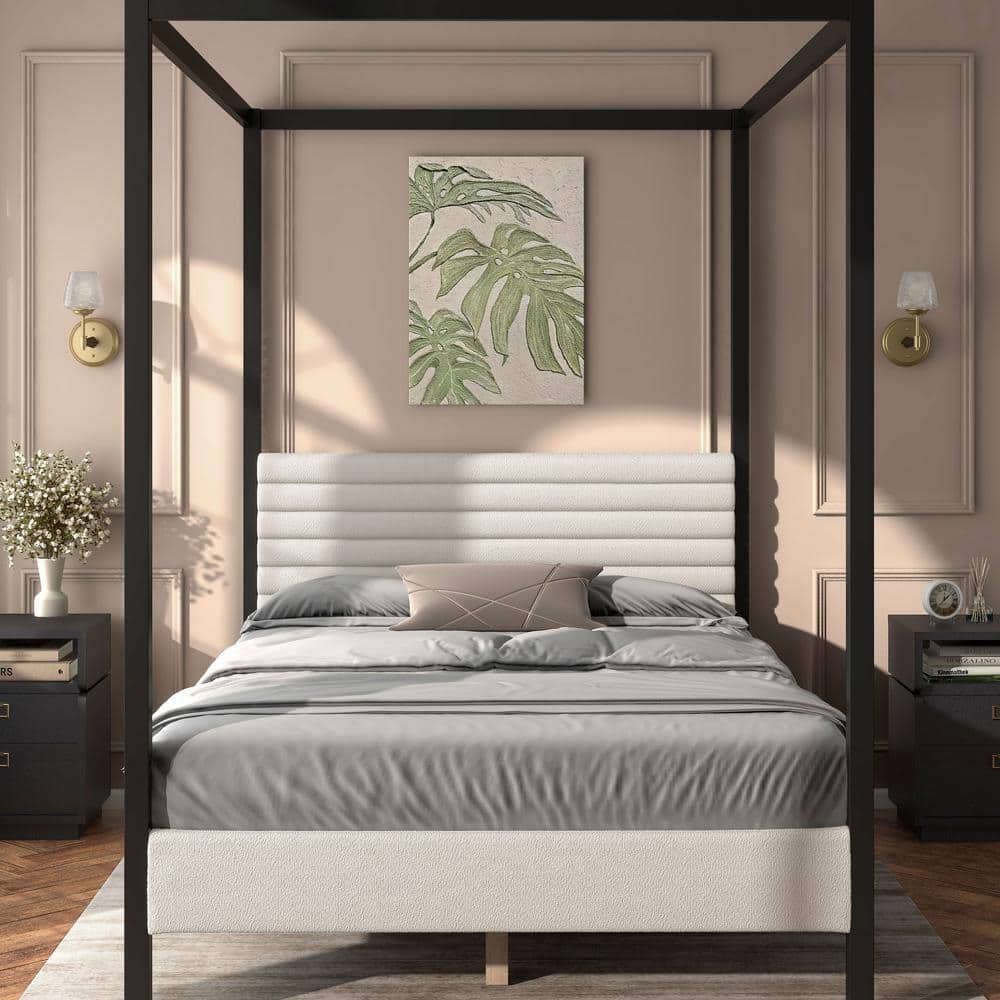 White Queen Canopy Bed with Upholstered Headboard and Wood Frame