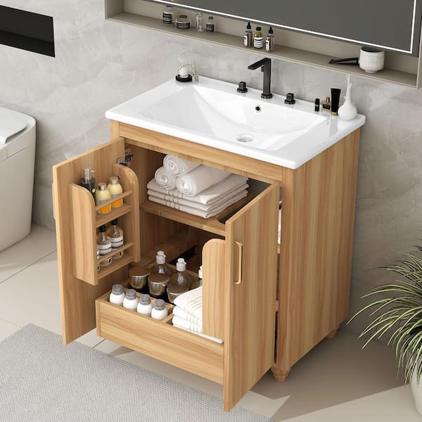 30 in. W Solid Wood Frame Natural Bath Vanity with White Ceramic Top Sink, Functional Storage Cabinet and Drawer