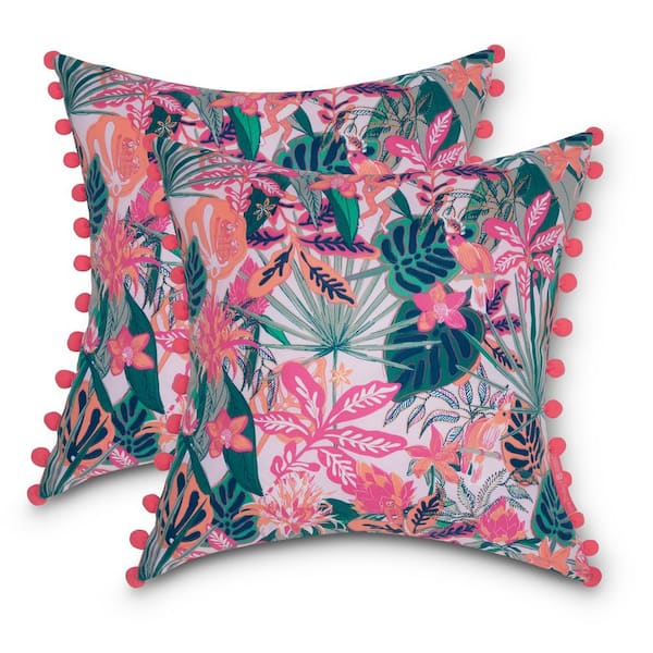 Classic Accessories Vera Bradley 18 in. L x 18 in. W x 8 in. D Outdoor Accent Throw Pillows with Poms in Rain Forest Canopy Coral (2-Pack)