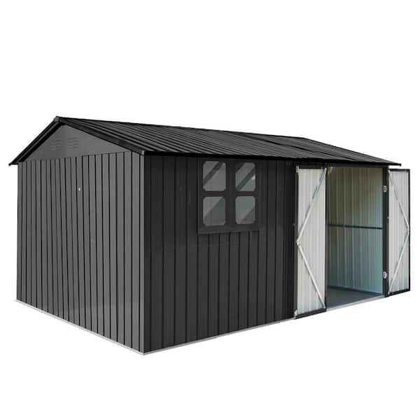 Unbranded 10 ft. W x 12 ft. D Outdoor Metal Garden Storage Shed Double Door Window for Garden Coverage 120 sq. ft. Black