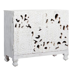 White Wood Intricately Carved Floral Cabinet