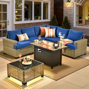 Kelleys 7-Piece Wicker Outdoor Patio Conversation Sofa Sectional Set with a Fire Pit and Navy Blue Cushions