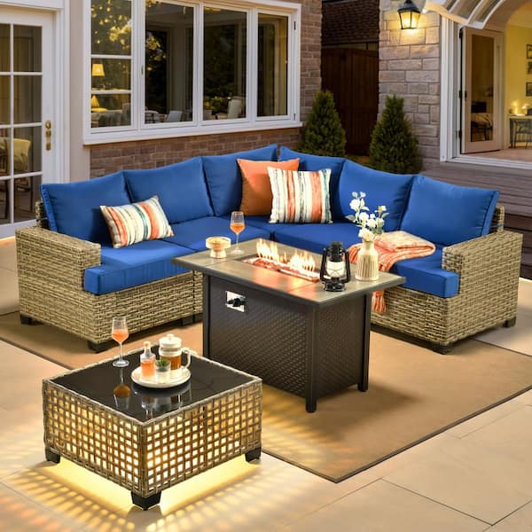 HOOOWOOO Kelleys 7 Piece Wicker Outdoor Patio Conversation Sofa Sectional Set with a Fire Pit and Navy Blue Cushions MFP TBS707
