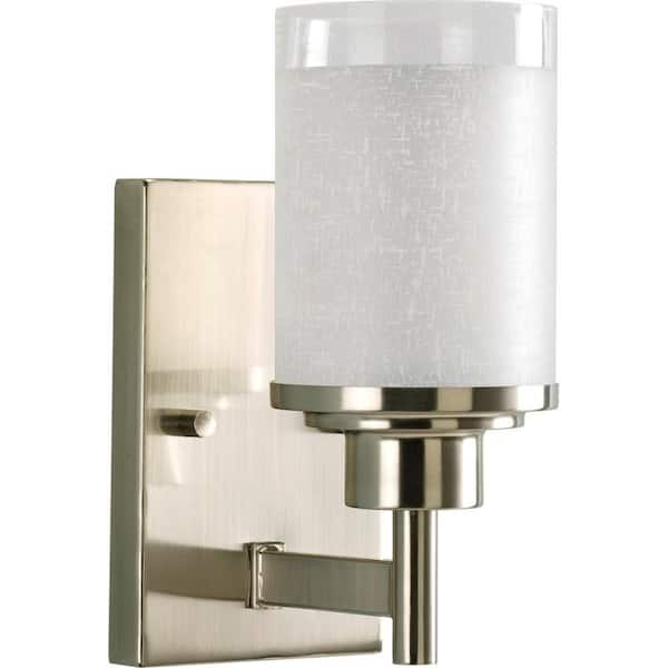 Alexa Collection 1-Light Brushed Nickel Etched Linen With Clear Edge Glass Modern Bath Vanity Light