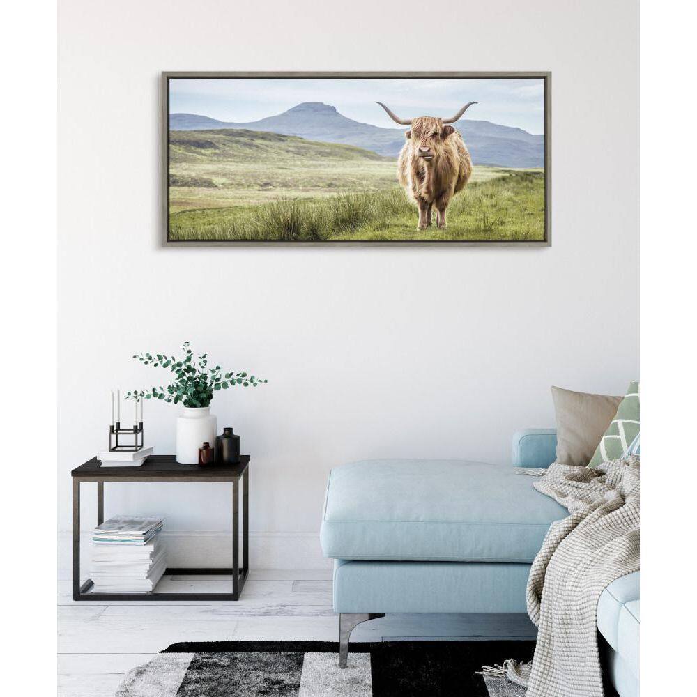 Highland Cow Mountain Landscape Canvas Art with Gray Frame