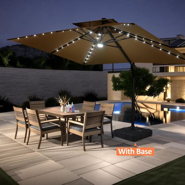 2-Tier 13.5 ft. x 10 ft. Aluminum 360° Rotation Solar LED Lighted Cantilever Patio Umbrella in Tan with 350 lbs. Base