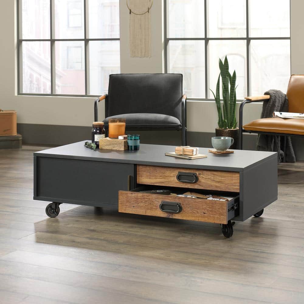 Rectangular Black and Vintage Oak Wood Coffee Table with Storage