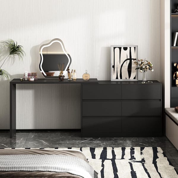 FUFU&GAGA 6-Drawer L-Shaped Dresser in Black with Rotatable Desk 47.2 in. W x 51.2 in. D x 32.7 in. H