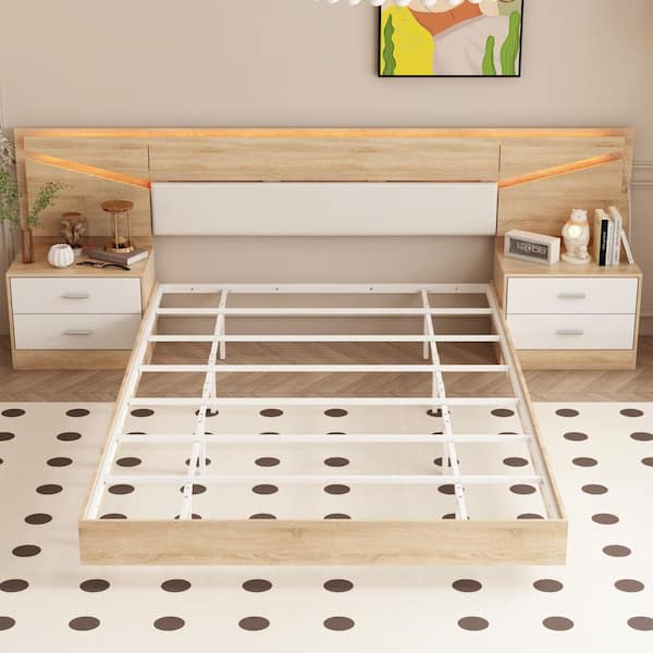FUFU&GAGA Brown Metal Frame Queen Size Bed Panel Bed With LED Lights Headboard, 2 Nightstand, Bluetooth or Remote Control