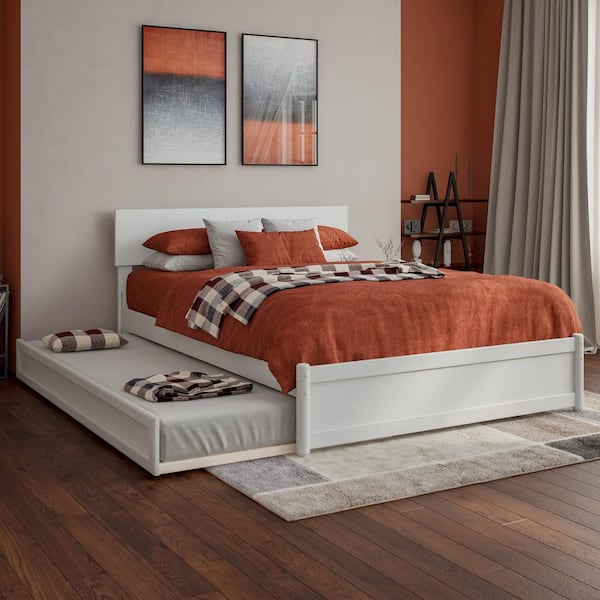 AFI Wesley White Solid Wood Frame Full Platform Bed with Panel Footboard and Twin Trundle
