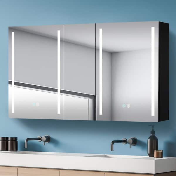 50 in. W x 30 in. H Rectangular Black Aluminum Surface Mount Anti-Fog Lighted Medicine Cabinet with Mirror for Bathroom