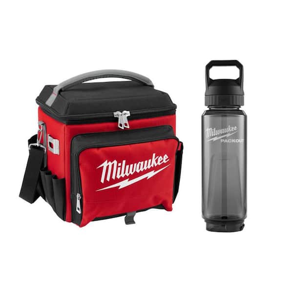 21 qt. Soft Sided Jobsite Lunch Cooler with PACKOUT 34 Oz. Red Plastic Bottle with Chug Lid