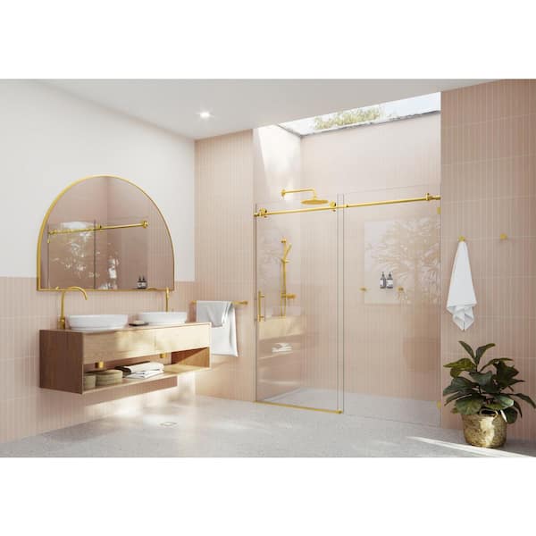 Glass Warehouse 72 in. W x 78 in. H Frameless Sliding Shower Door in Satin Brass