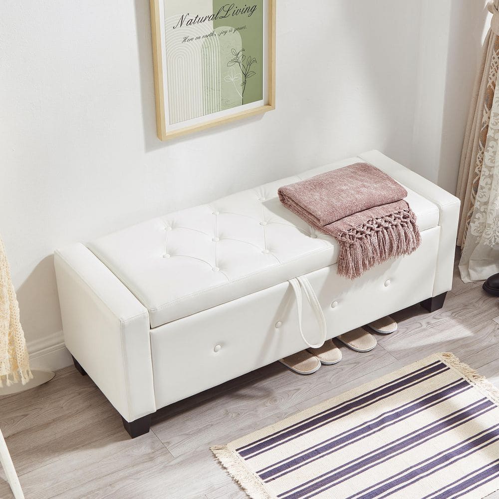 Veblen Modern Ivory White Upholstered Faux Leather Storage Ottoman Tufted Bench with Flip Top
