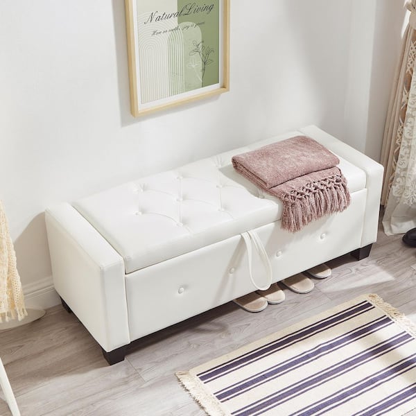 Veblen Modern Ivory White Upholstered Faux Leather Storage Ottoman Tufted Bench with Flip Top