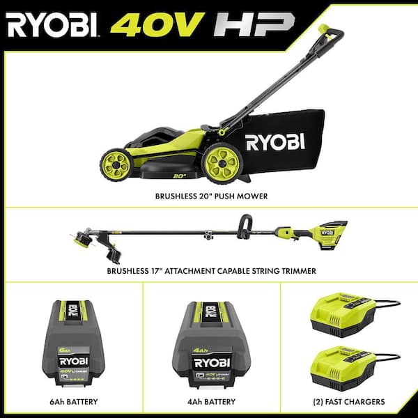 40V HP Brushless 20" Cordless Battery Walk Behind Push Lawn Mower w/ 40V 17" String Trimmer, (2) Batteries & Chargers