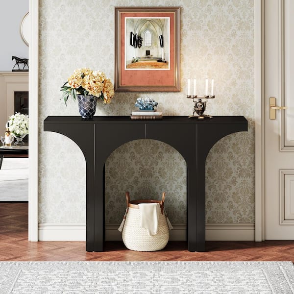 Turrella 47 in. Rectangle Wooden Console Table, Black Console Table for Entryway Unique Base