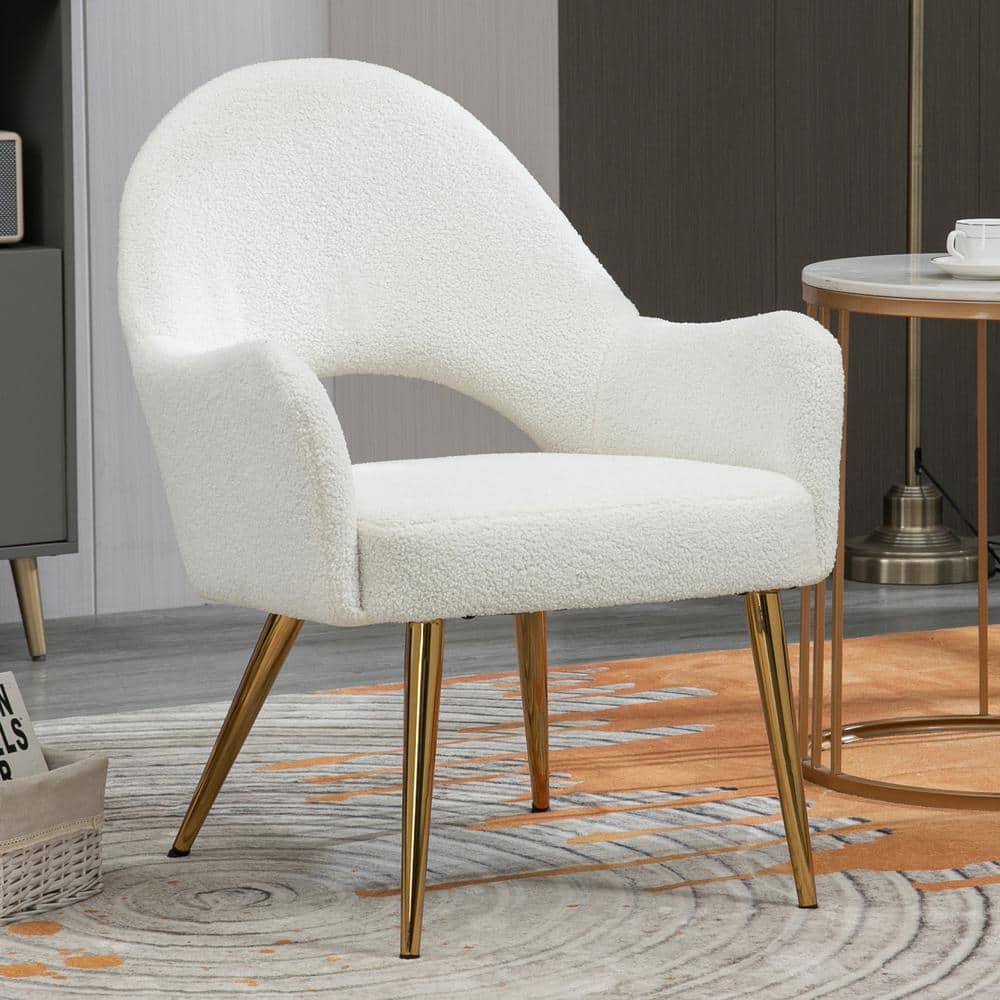 Azael White Boucle Fabric Accent Chair with Gold Metal Legs