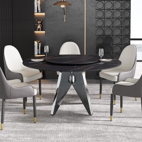 Magic Home 59 in. Black Rotable Lazy Susan Sintered Round Stone Tabletop Silver Pedestal Base Kitchen Dining Table (Seats-8)