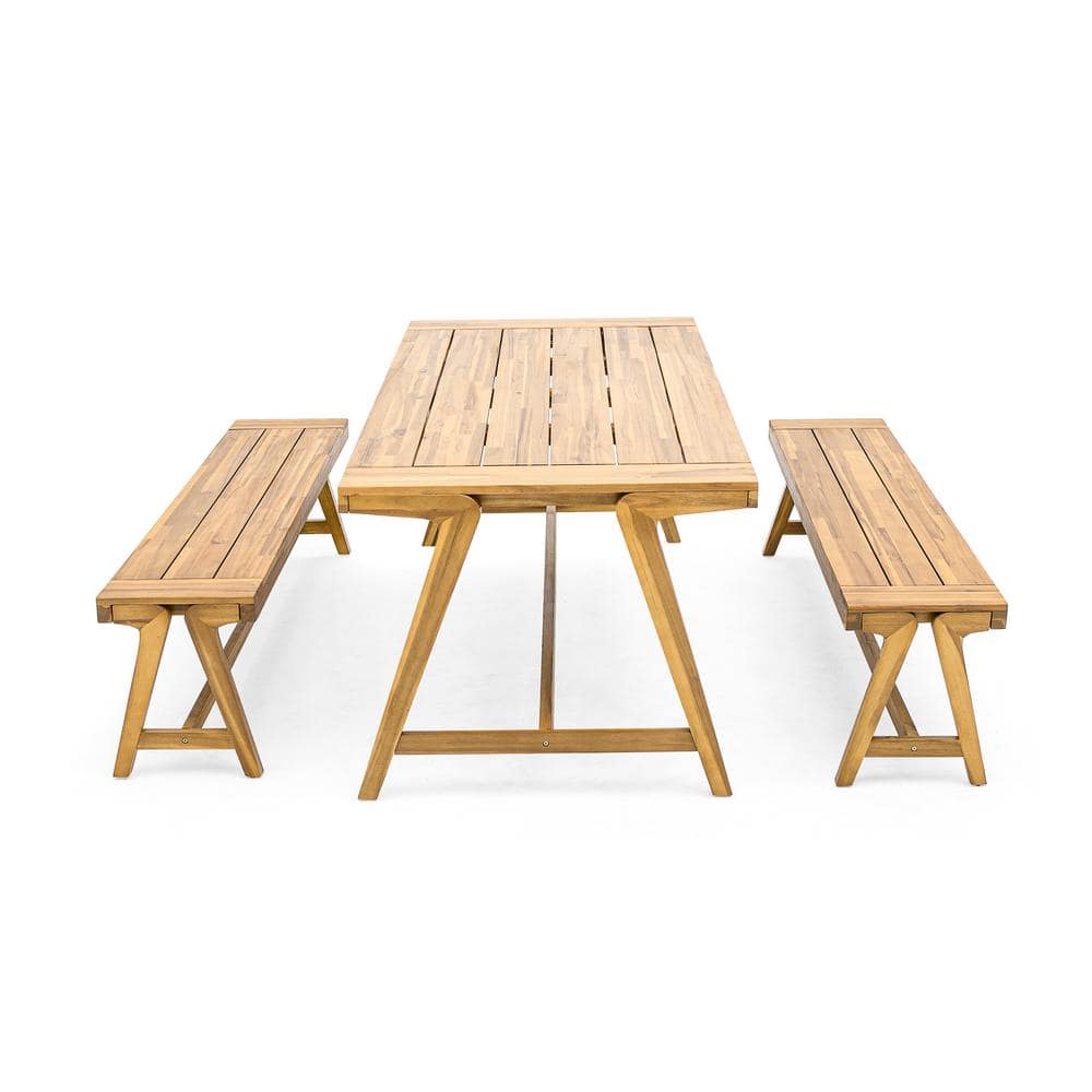 Brown Acacia Wood 3-Piece Outdoor Dining Set with Backless Benches