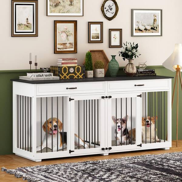 Furniture Style Dog Crate with Double Room, 73 Inch Wooden Dog Kennel with  Removable Divider, Dog House TV Entertaiment Center for Small Medium Large  X-Large Dogs (White with Drawer) – Built to