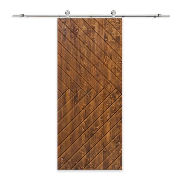 CALHOME 30 in. x 80 in. Walnut Stained Pine Wood Modern Interior Sliding Barn Door with Hardware Kit