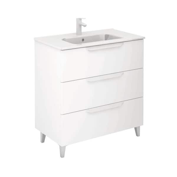 null Urban 32 in. W x 18 in. D x 34 in. H Bath Vanity in Matt White with White Vanity Top with 3-Drawers, White Basin