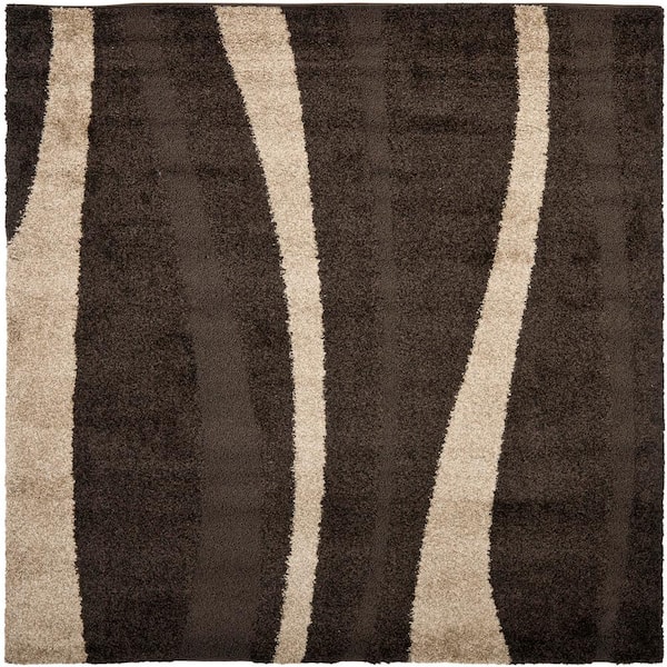 SAFAVIEH Florida Shag Dark Brown/Beige 7 ft. x 7 ft. Square Striped Area Rug