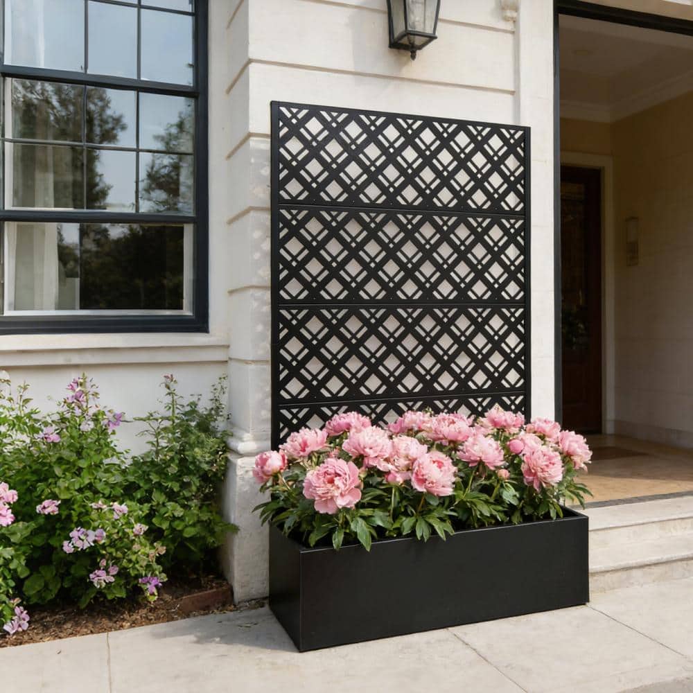 71 in. x 43 in. Black Metal Raised Garden Bed with Trellis, Rhombus Pattern Planter Box Privacy Screen for Patio price history on PriceWatchPro