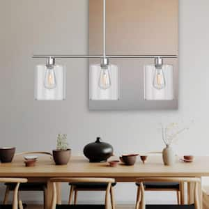 3-Light Brushed Nickel Kitchen Island Lights Linear Pendant Light with Clear Glass Shade, Adjustable Hanging Length