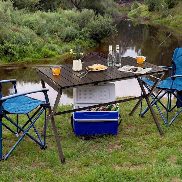 Folding Brown Camping Table Roll-Up Aluminum Beach Table with Carry Bag for 4 to 6-Person Lightweight