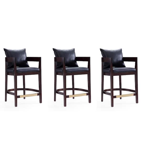 Manhattan Comfort Ritz 26.5 in. Black and Dark Walnut Beech Wood Counter Stool with Faux Leather Upholstered Seat (Set of 3)