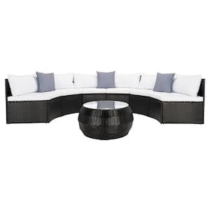Jesvita Black Wicker Outdoor Patio Sectional with White Cushions and Navy Pillows