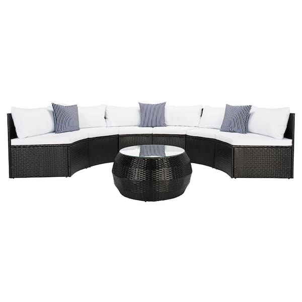 SAFAVIEH Jesvita Black Wicker Outdoor Patio Sectional with White ...