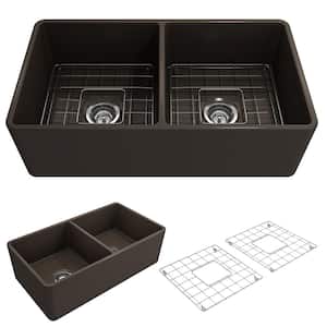 Classico Farmhouse Apron Front Fireclay 33 in. Double Bowl Kitchen Sink with Bottom Grid and Strainer in Matte Brown