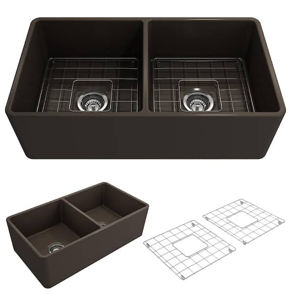 BOCCHI Classico Farmhouse Apron Front Fireclay 33 in. Double Bowl Kitchen Sink with Bottom Grid and Strainer in Matte Brown