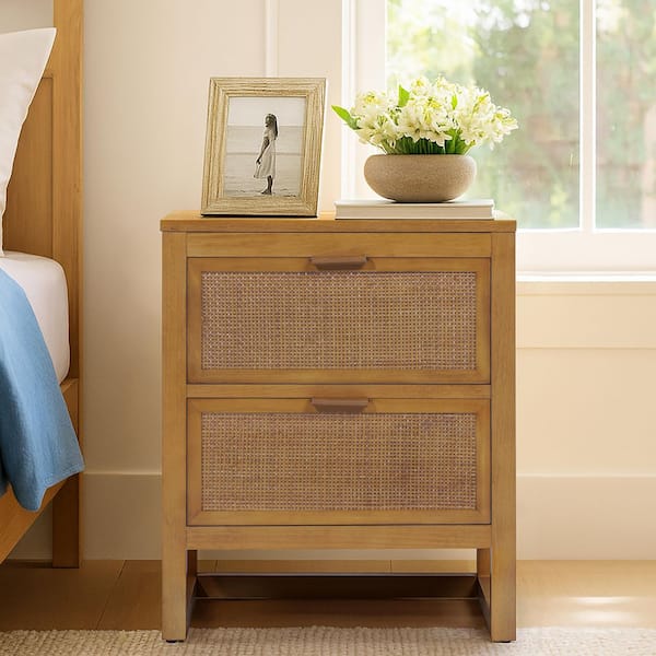 Hatteras 20 in. W Natural Wood Nightstand with 2 Hidden Storage Deep Drawers