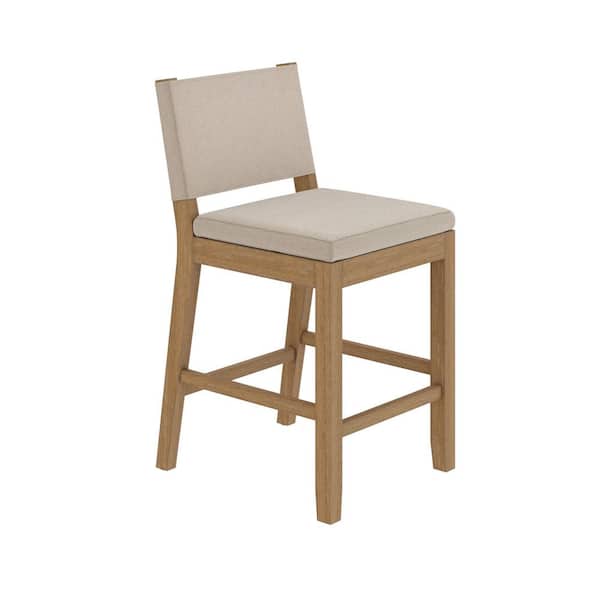 Linus 36 in. Modern Upholstered Counter Height Bar Stool with Back and Solid Wood Wire-Brushed Legs, Natural Flax/Brown