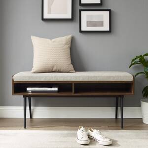 44 in. W. Brown Dark Walnut Wood and Oatmeal Cushion Modern Bench with 2-Storage Cubbies