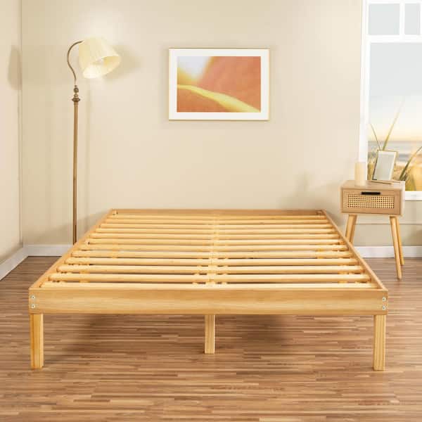 HOMESTOCK 14 in. Natural Twin XL Solid Wood Platform Bed with Wooden