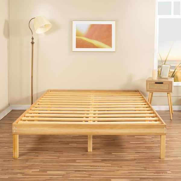 MAYKOOSH 14 in. Natural Twin XL Solid Wood Platform Bed with Wooden Slats