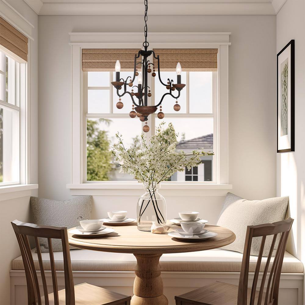 Colonial Charm Mini 3-Light Old World Bronze & Walnut Chandelier