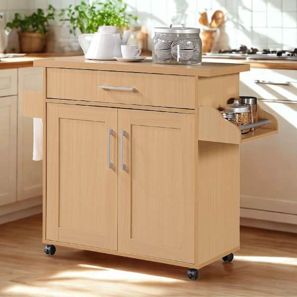 L'Baiet Beech Wood Top 35 in. Wide Kitchen Island Cart with Utensil Drawer, Cabinet Storage, Spice Rack & Towel Holder