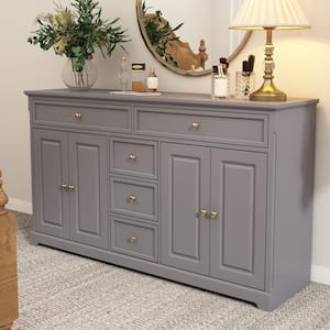 Gray Wood 59.1 in. W Sideboard with 2 Large Drawers, 3 Small Drawers and 2 Cabinets 33.5 in. H x 15.7 in. D