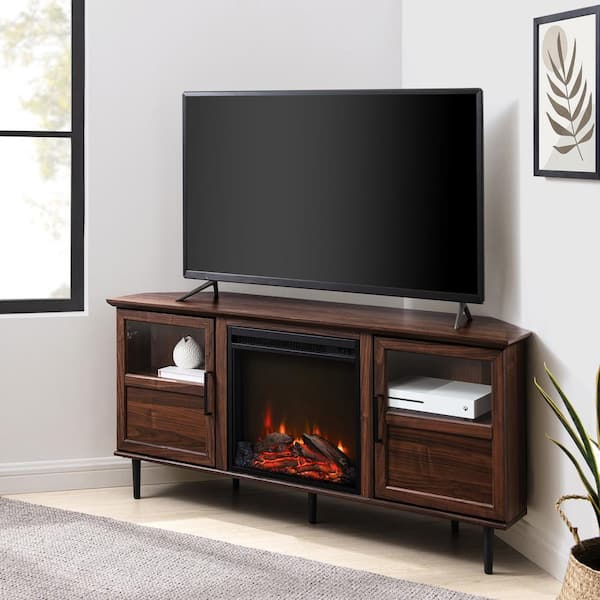 Walker Edison Furniture Company 54 in. Dark Walnut Wood Electric Fireplace Corner TV Stand Fits TVs up to 60 in. with Split-Glass Doors