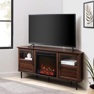 54 in. Dark Walnut Wood Electric Fireplace Corner TV Stand Fits TVs up to 60 in. with Split-Glass Doors