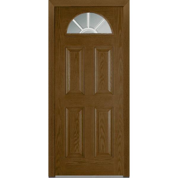 MMI Door 36 in. x 80 in. Grilles Between Glass Left-Hand Inswing 1/4-Lite Clear 4-Panel Stained Fiberglass Oak Prehung Front Door