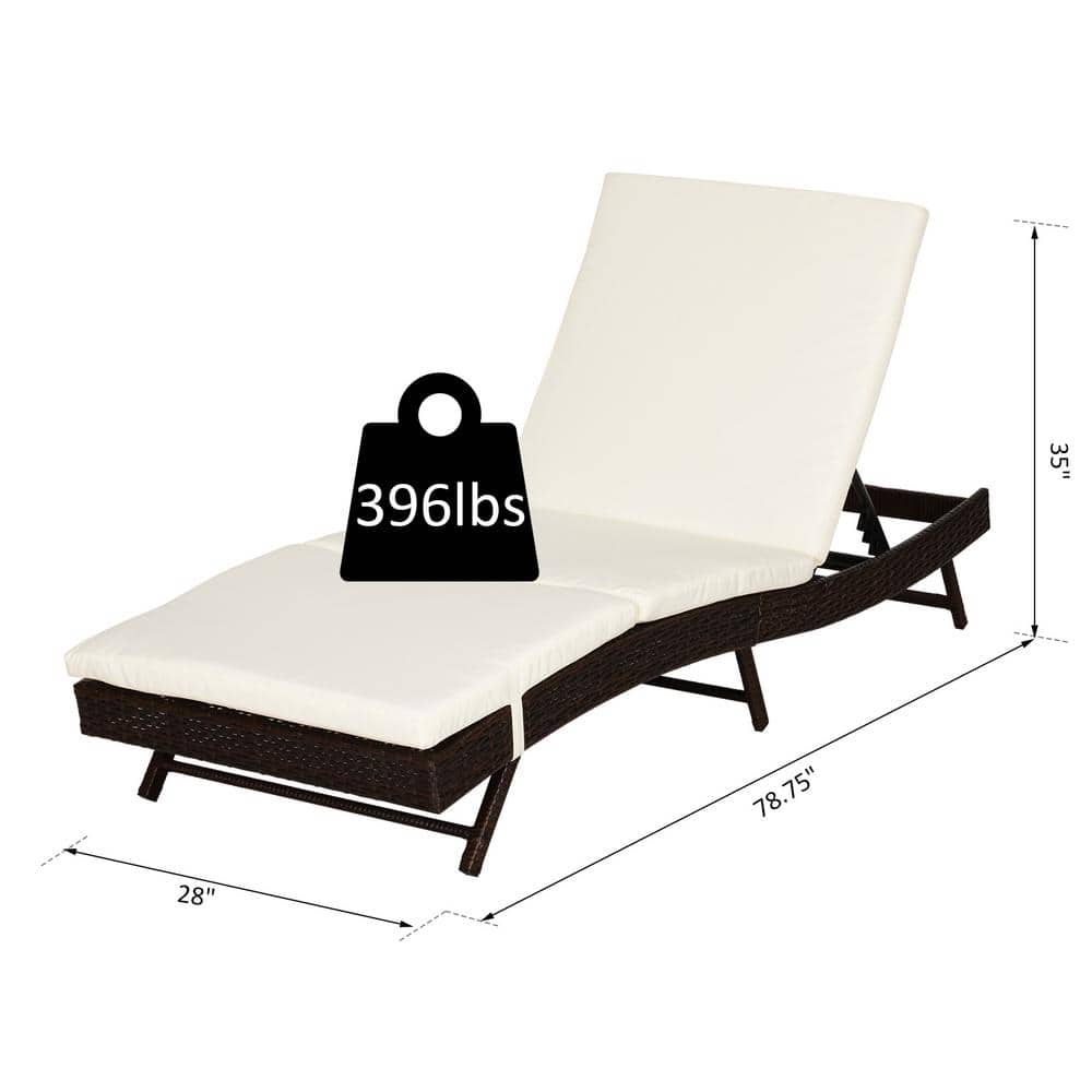 Adjustable Brown Rattan Chaise Lounge with Cream Cushions