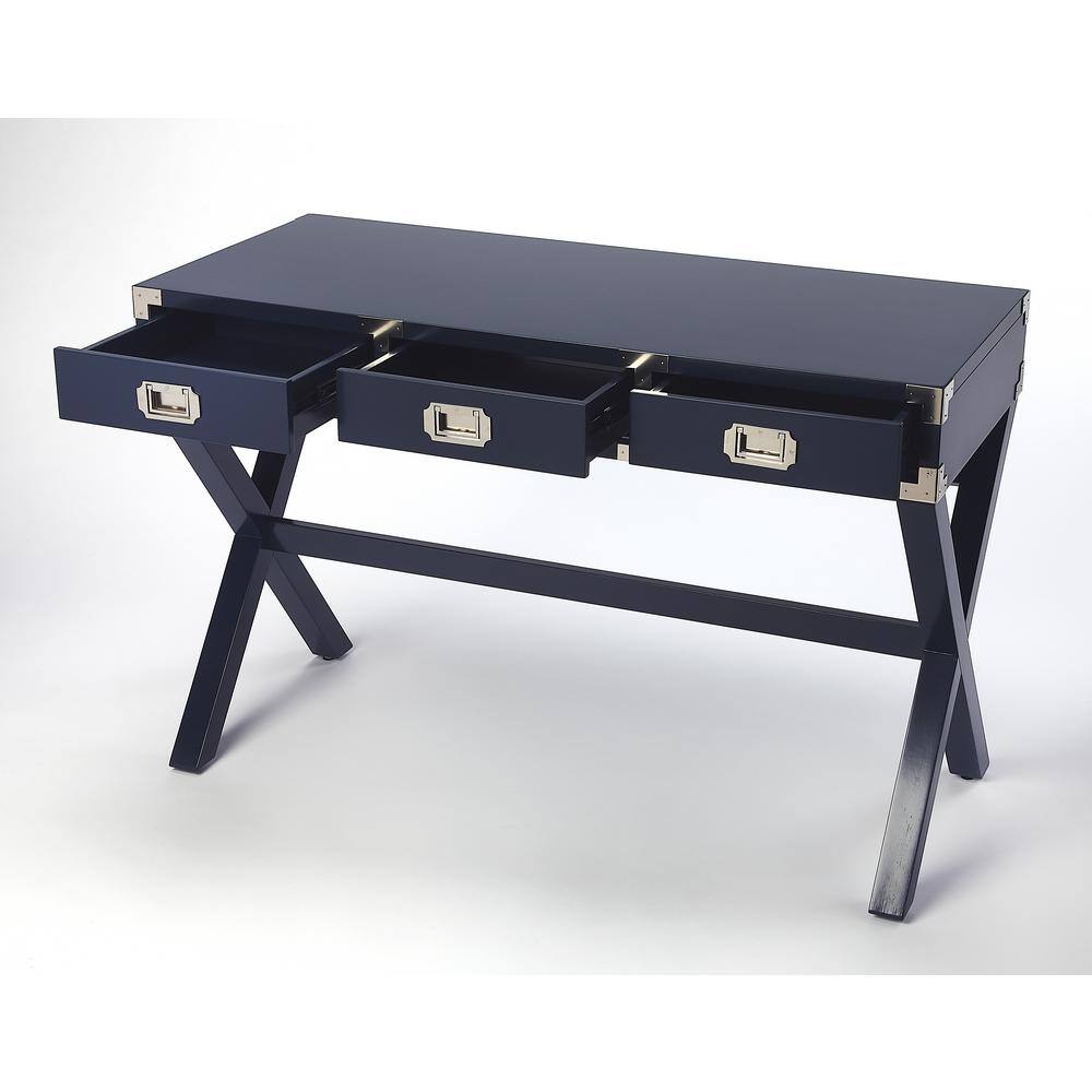 Blue Campaign Style Wood Writing Desk with Drawers