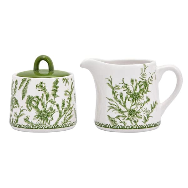 14 fl. oz. Green Ceramic Sugar Bowl with Lid and Creamer Set, Kitchen Countertop Accessories for Coffee Bar (Set of 2)